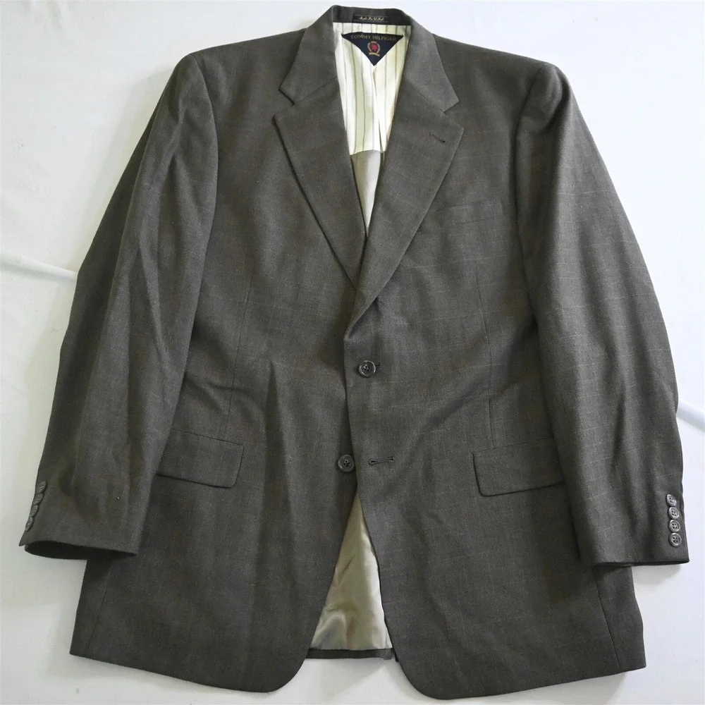 Vtg Tommy Hilfiger USA Made 44L 36x30 Brown Windowpane 100% Wool Mens‎ Suit